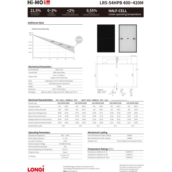 Стекло 400w 405w 410w 415w 420w Longi Lr5-54hpb 420M панели солнечных батарей полуячейки Mono фотовольтайческое одиночное