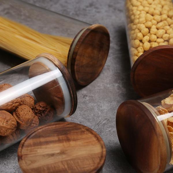 Custom Capacity Stocked Sealed Clear Round Borosilicate Glass Packaging Containers Jar with Wood Lid