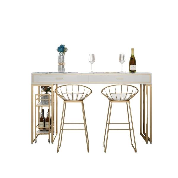 Iron Marble Dining Table Set with 2 Chairs White Marble Surface Gold Powder Coating