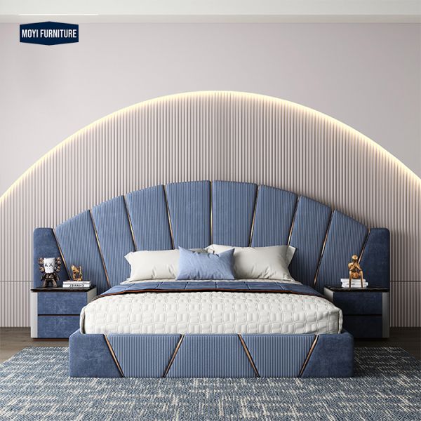 Velvet Upholstered Italian Light Luxury King Size Bed Double Bed Set Modern Blue Leather Bedroom Furniture Elegant Style