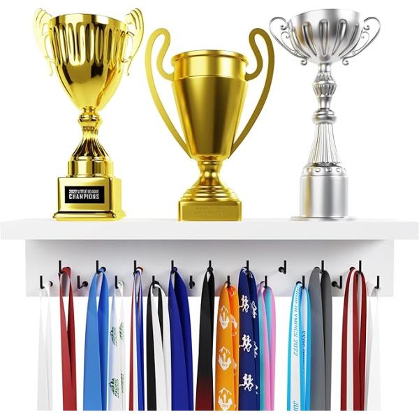 Wooden Trophy Display Home Appliance Medal Hanger and Trophy Shelf with Hooks
