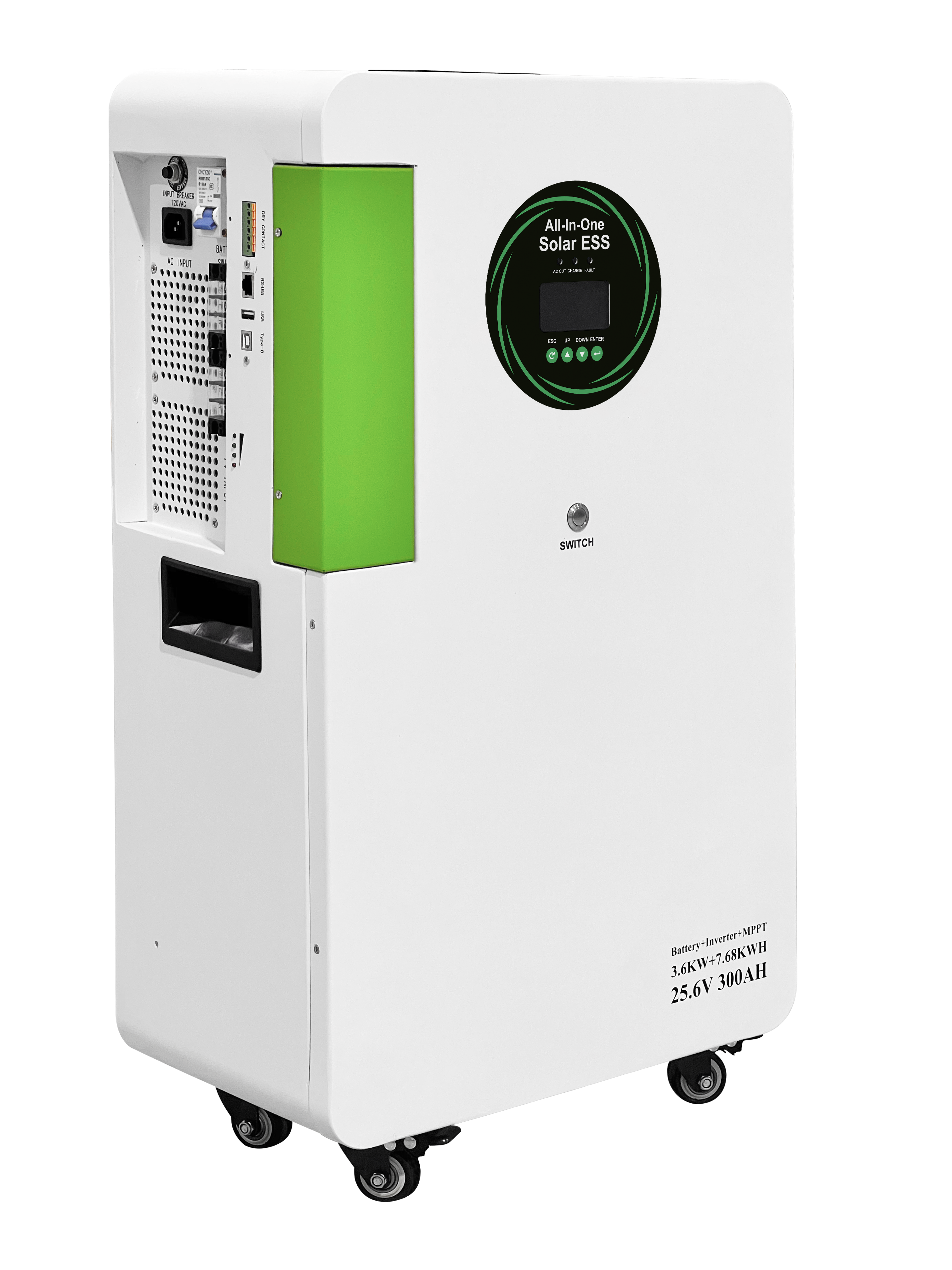 3.6KW 7.68KWH All‑In‑One Solar ESS,25.6V Large‑cell,60Hz Pure Sine Wave,Off‑grid Backup,Dual PV/Mains Charging,Long‑cycle Safe Home Energy Storage