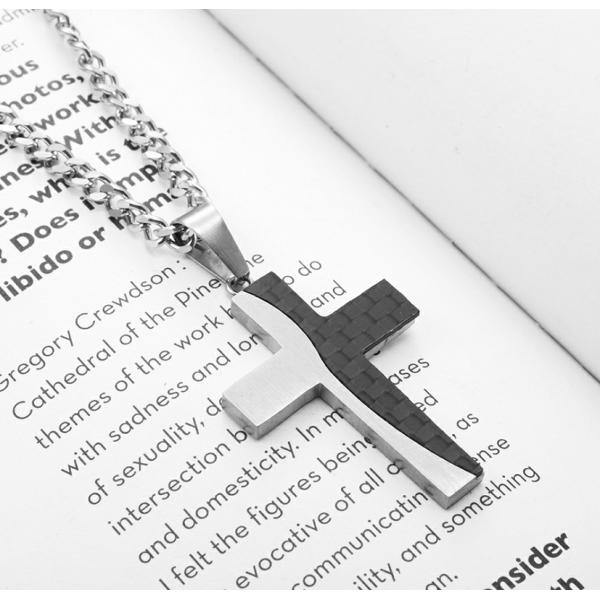 Collar de cruz de acero inoxidable para hombres Collar de cruz cristiana con fibra de carbono