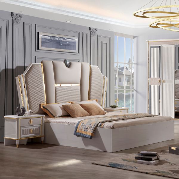 Modern Velvet Cover Headback Room Wooden King Size Sets Bed Furniture Queen Beds Full Cabinet Bedroom Set
