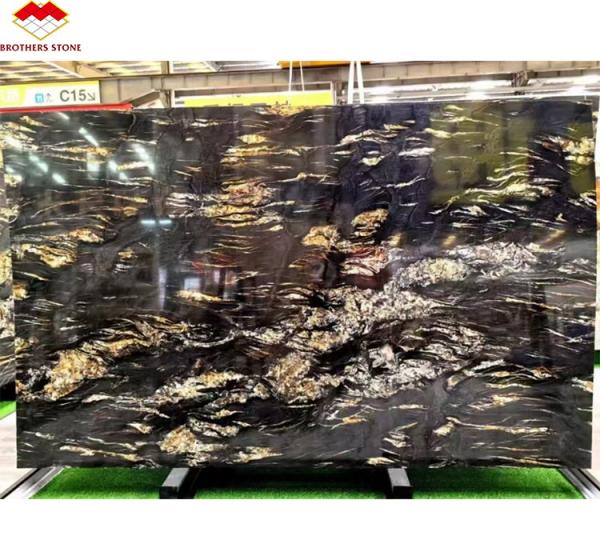 Modern Natural Phoenix Feather Black Gold Marble Stone Stair Steps Tile Big Slab