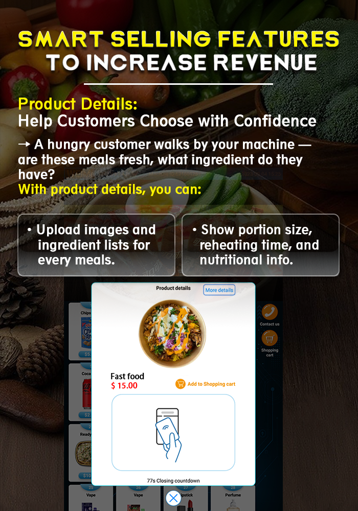 Convenient Fast Food Vending Machine With Built-In Microwave Oven for heating 24/7 access to fresh meals