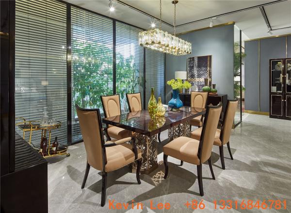 Luxury Ebony wood dining table with Golden stainless steel legs and Leather chairs Wine cabinets for Villa house buffet