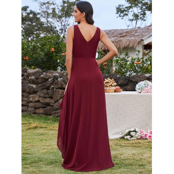 Sexy High-low Ruffles V-neck Waist Pleating Two Straps Pink Chiffon Pleated Lotus Leaf Sleeveless Bridesmaid Dress