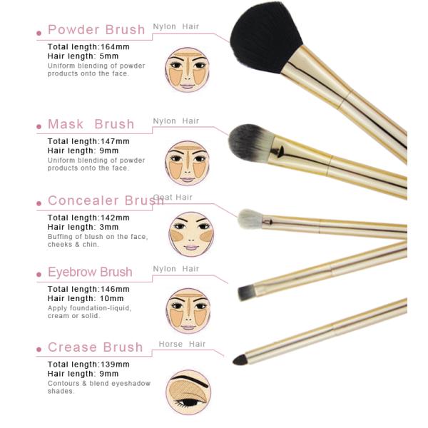 124g Travel Makeup Brush Set With Golden Aluminum Handle Ferrule