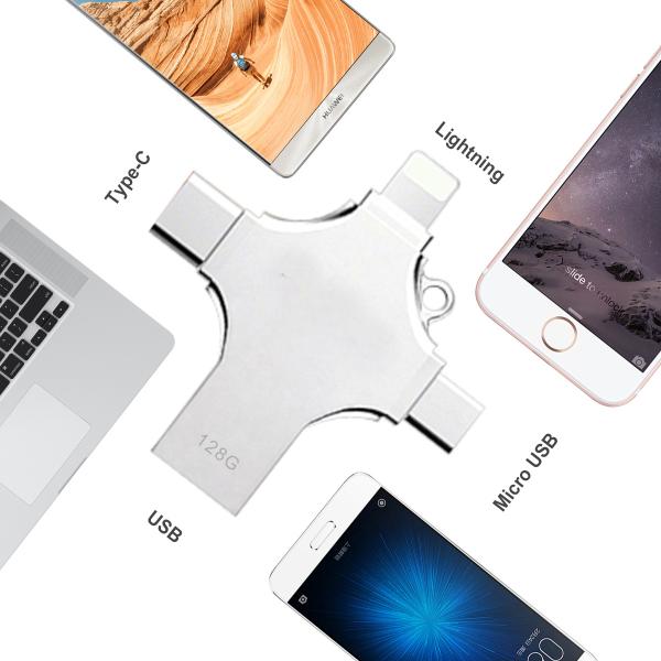 5- Custom 4 in 1 OTG Silver USB Flash Drive 128MB-4GB USB 3.0 Memory Stick for Android Phone Multifunctional Metal