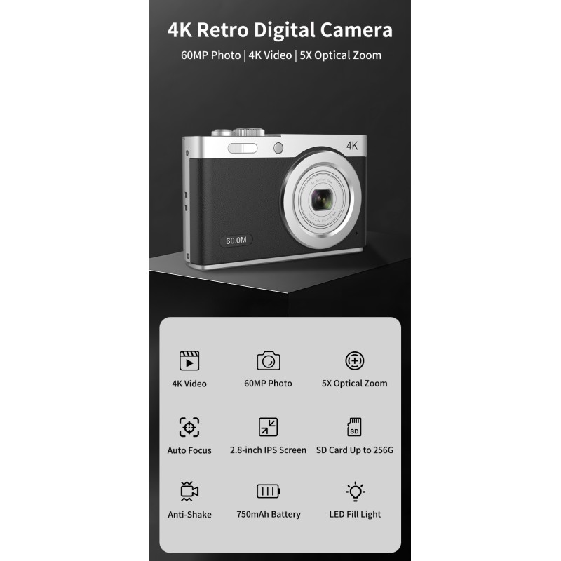 2026 Hot Sale 4K Video CMOS Digital Cameras 5X Optical Zoom 2.8 Inch IPS Screen with Auto Focus Anti-Shake Function Vlog Camera