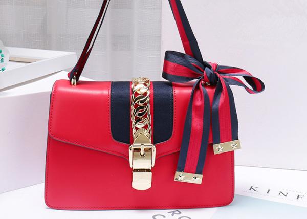 Leather Single Shoulder Bag With Lock Buckle , Slanting Bow Tie Striped Satin Ribbon Bag