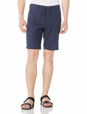 Low Waist Zipper Fly Mens Linen Shorts Navy Straight Leg with 2 Pockets