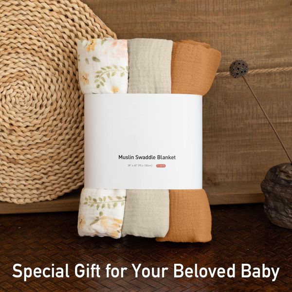 3-Pack Receiving Blanket for Newborn，Muslin Baby Swaddle Blanket with Pastoral Whispers