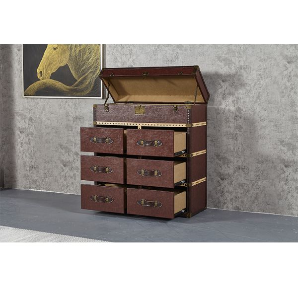 Nidea #305 Vintage Brown Genuine Leather Aviator Storage Trunk Cabinet Side Table Chest Cabinet Industrial Aviator File Furniture