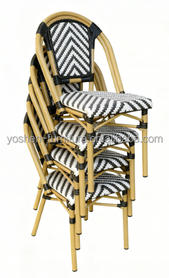 French Bistro Style All Weather Rattan Wicker Café Shop Dining Chair Stackable Outdoor Chair