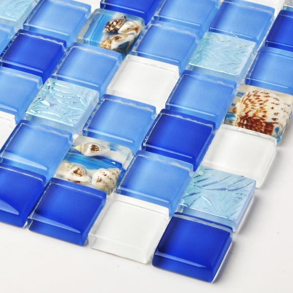 Beach Blue White Sea Glass Mosaic Tile Sheets , Mosaic Border Tiles For Balcony
