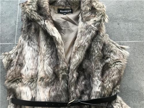 Brown Multi Color Womens Faux Fur Jacket Gilet With Pu Belt And Funnel Neck TW74297