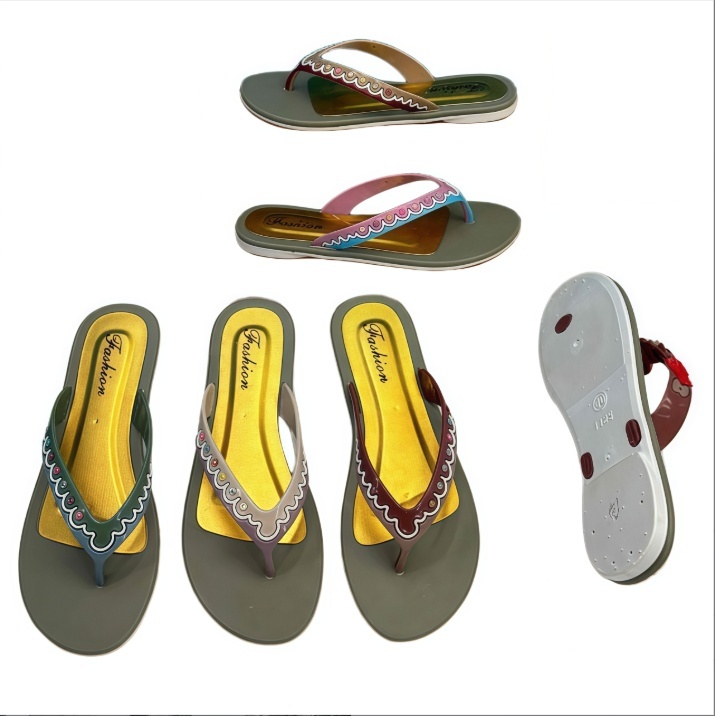 PVC Women Wavy Colorful Edge Print Thongs With Gold Lining And Brand Mark