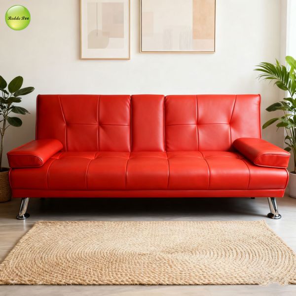 Space Saving Multifunctional 2 Seater Sofa Bed Settee PU Leather With Cup Holder