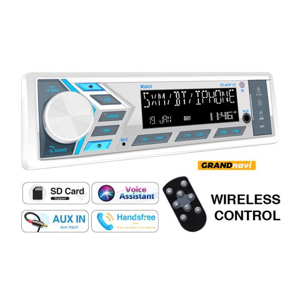 Single DIN Bluetooth Marine Stereo AM FM CD MP3 Stereo Receiver White Cover Waterproof Rated Off Road White Speakers