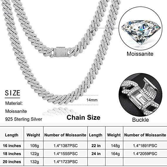 NGTC Moissanite Cuban Chain 925 Sterling Silver  Miami Cuban Chain 13mm Width