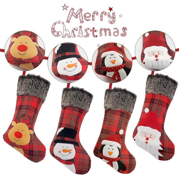 Christmas Stockings, 4 Pack 19'' Xmas Stockings Plush Faux Fur Cuff Family Pack Stockings for Xmas Holiday Party Decor