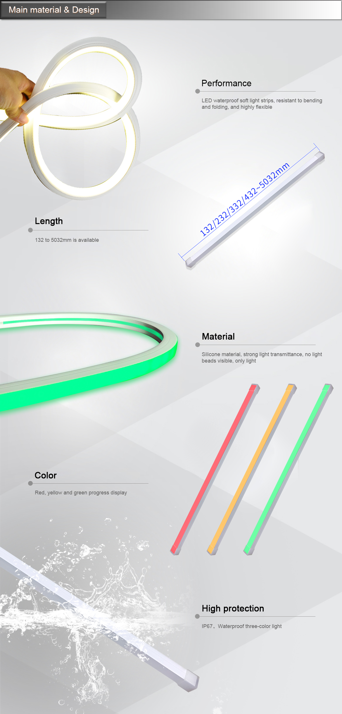 Flexible Silicone Neon LED Strip IP67 Waterproof RYG Machine Status Indicator Light Bar