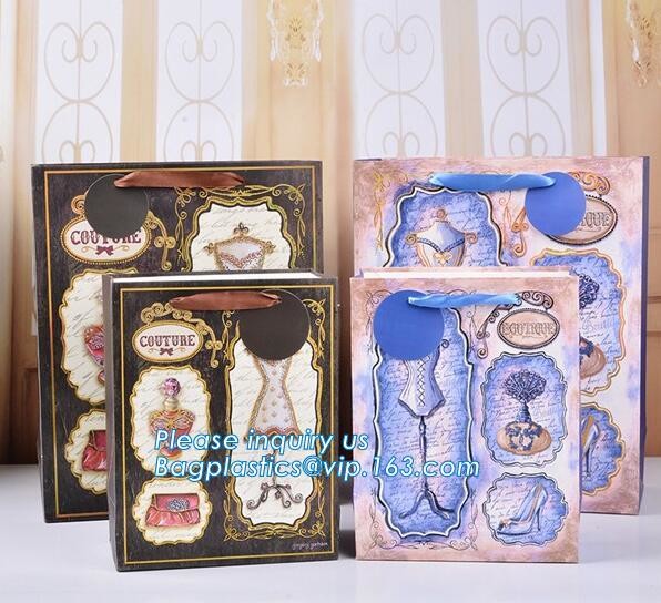 Custom Luxury ribbon satin finish paper carrier bags with rope handles and ribbon bow fastener,Brand Lager Paper Carrier