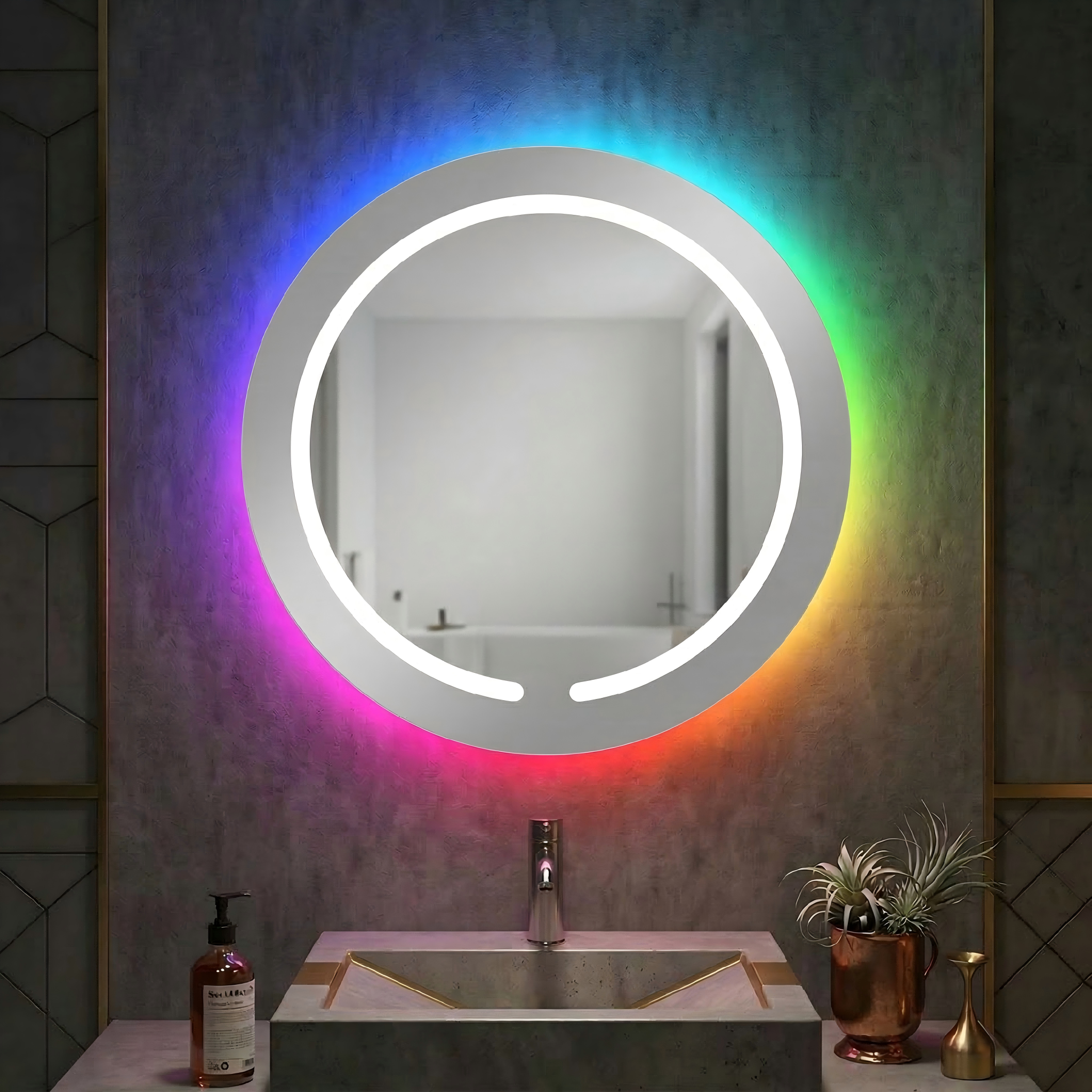 Kingstin Round RGB LED Bathroom Mirror, Frameless Smart Anti-Fog Vanity Wall Mirror, Dimmable Backlit Makeup Mirror