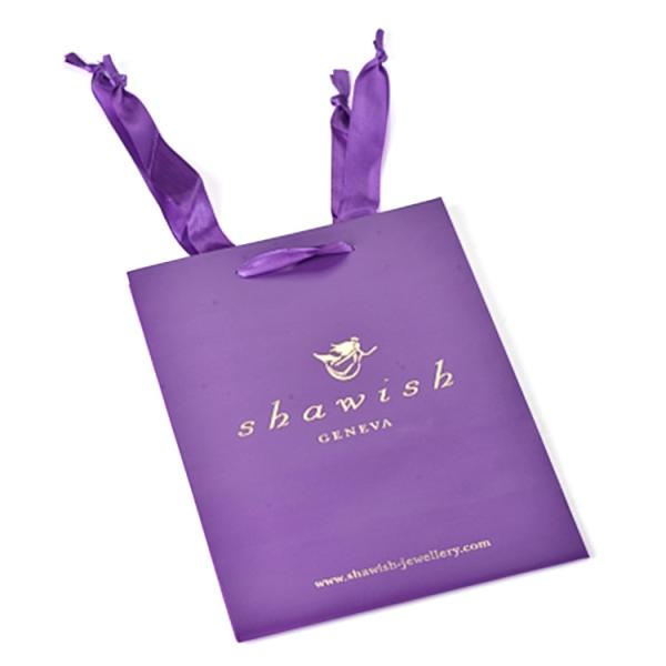 CMYK Branded Paper Bags Printing Purple Jewelry Packaging Bag With Ribbon Handle