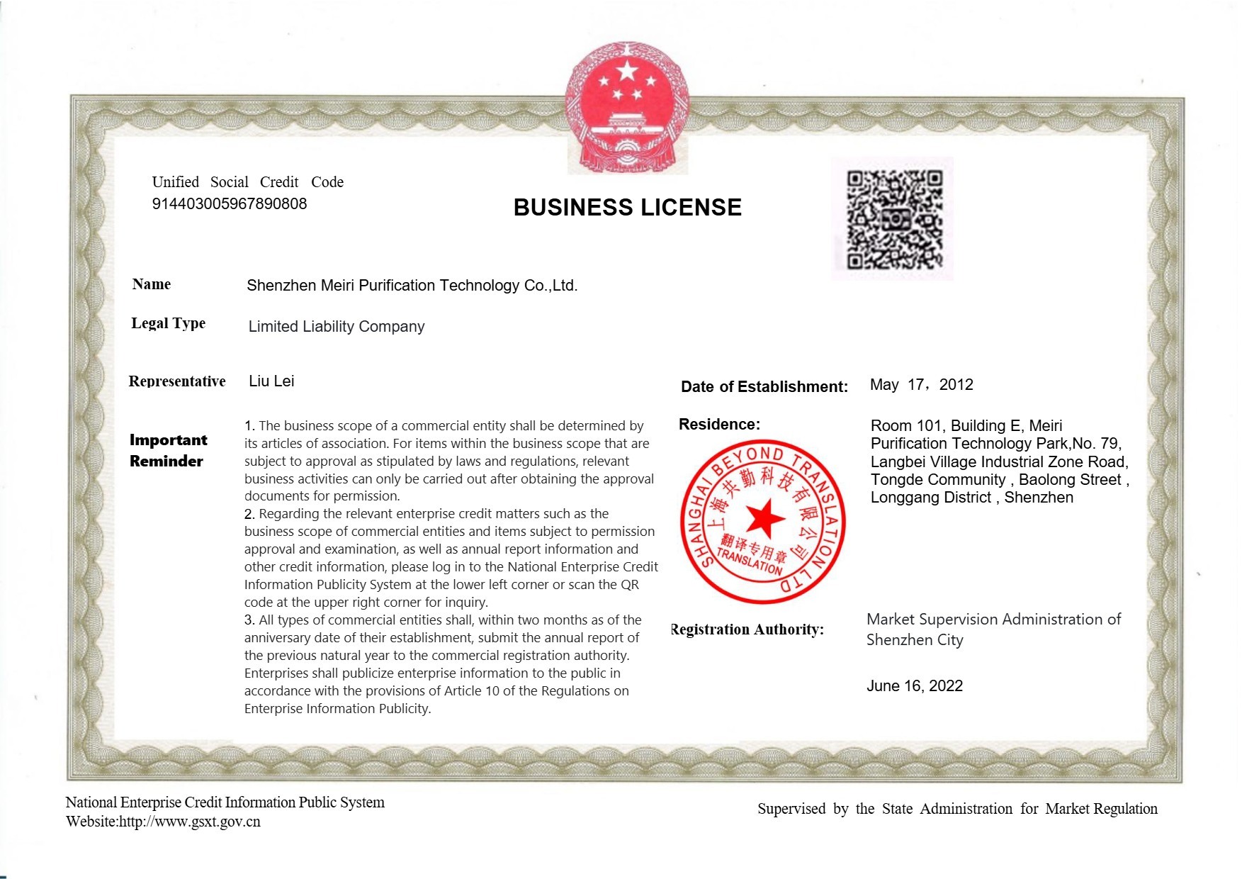 Shenzhen Meiri Purification Technology Co., Ltd. Сертификации