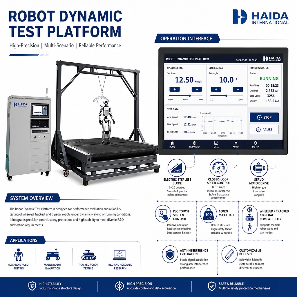 HD Robot Dynamic Test Platform Walking Stability Testing Machine Equipment Adjustable Slope 0 20 Degrees Speed Control 0 18 km/h