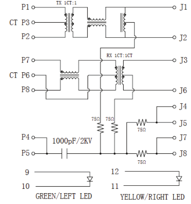 ARJC02-111006E Rj45 с краном трансформатора Magnetics вниз с СИД 10/100B