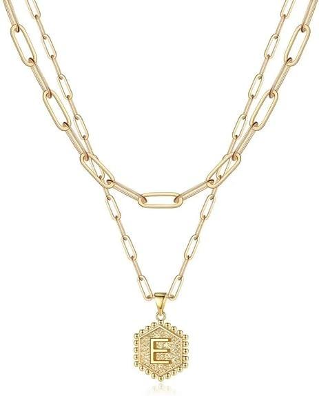 Dainty 18K Gold Hexagon Initial Necklace Cute Layering Necklaces for Women Solid Gold Layered Jewelry Gifts