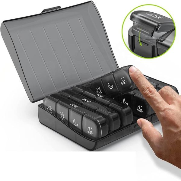 JH Medibox Portable 7 Day 28 Compartments Black PP Plastic Weekly Pill Organizer Large Capacity Travel Container
