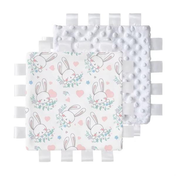 Baby Gift Ideas Personalized 3D Dot Minky Taggy Blanket Knitted Animal Pattern Sublimation Plush Blanket With Ribbon Tags