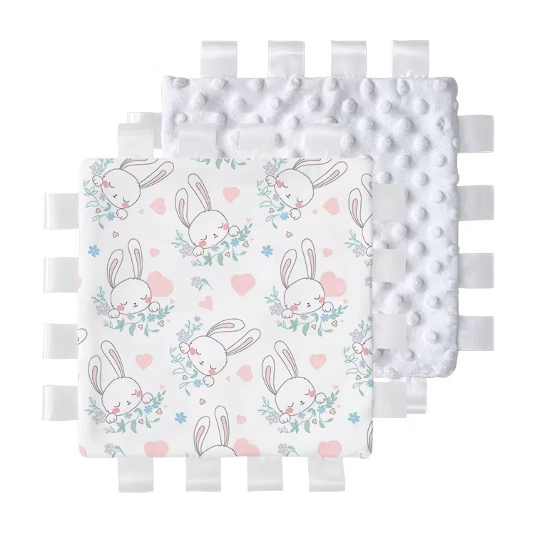Baby Gift Ideas Personalized 3D Dot Minky Taggy Blanket Knitted Animal Pattern Sublimation Plush Blanket With Ribbon Tags