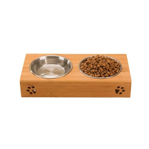 Eco Friendly Bamboo Raised Dog Bowl Feeder Rectangle For Cats