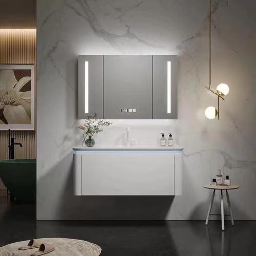 Wall Hung PVC Bathroom Cabinet Vanity With Vessel Sink Toilet White Rectangle 36 x 22