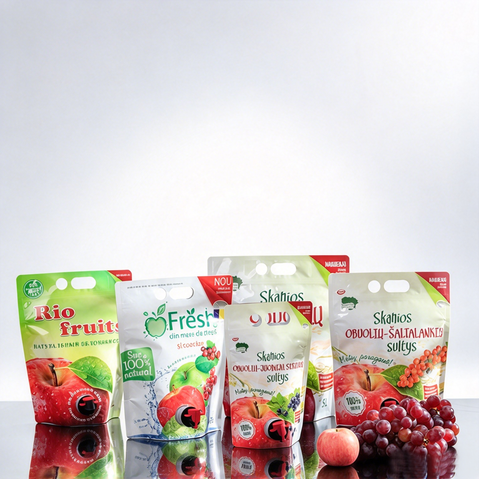 Custom Printed 5L Stand‑up BIB Bag‑in‑Box Pouch with Butterfly Tap & Die Cut Handle for Apple Fruit Juice Beverage Packaging