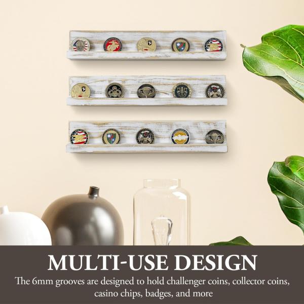 Wall Mounted White Washed Solid Wood Challenge Coin Holder Three-layer Wood Handicraft