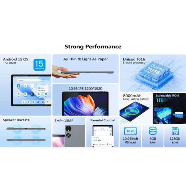 Kinstone 10.95inch Andriod 15 Tablet PC 8000mAh, 1200*1920 FHD Incell, 6GB+128GB