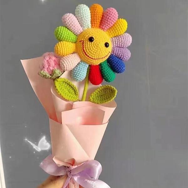 Bouquet de girasol de colores hechos a mano - Flores eternas tejidas, girasoles artificiales de arco iris, arreglo floral de hilados DIY