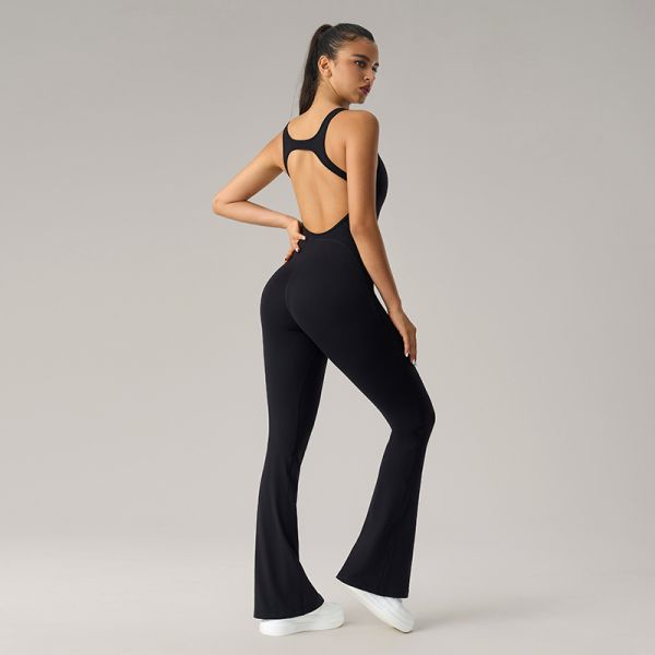 Yoga Flare Leg Jumpsuit Sleeveless Buttery Soft Slim Fit Navy Blue for Women