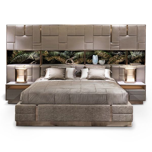 Unique Storage Rack Leather Very Big Headboard Bed Set Modern Luxury Master Bedroom Furniture Huge Bed With Led Light