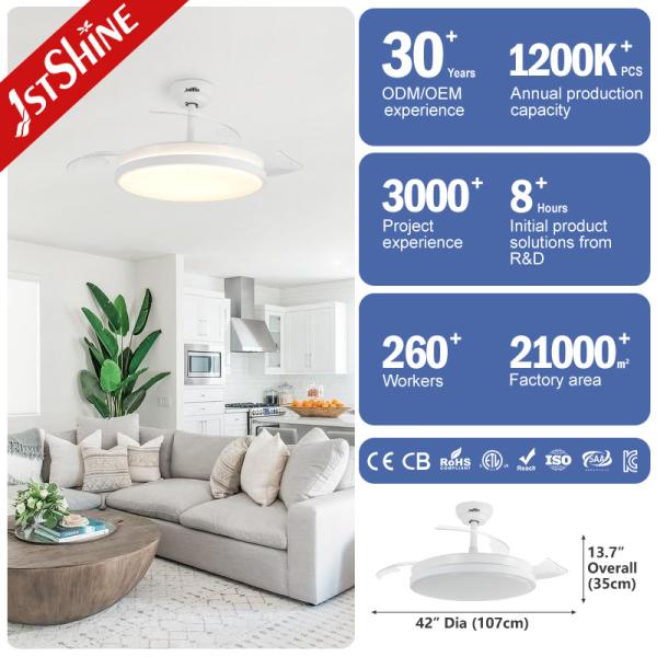 Les lames rétractables et la lumière 42 pouces Blanc Fancy LED Ventilateur de plafond Matériau acrylique métallique 2-