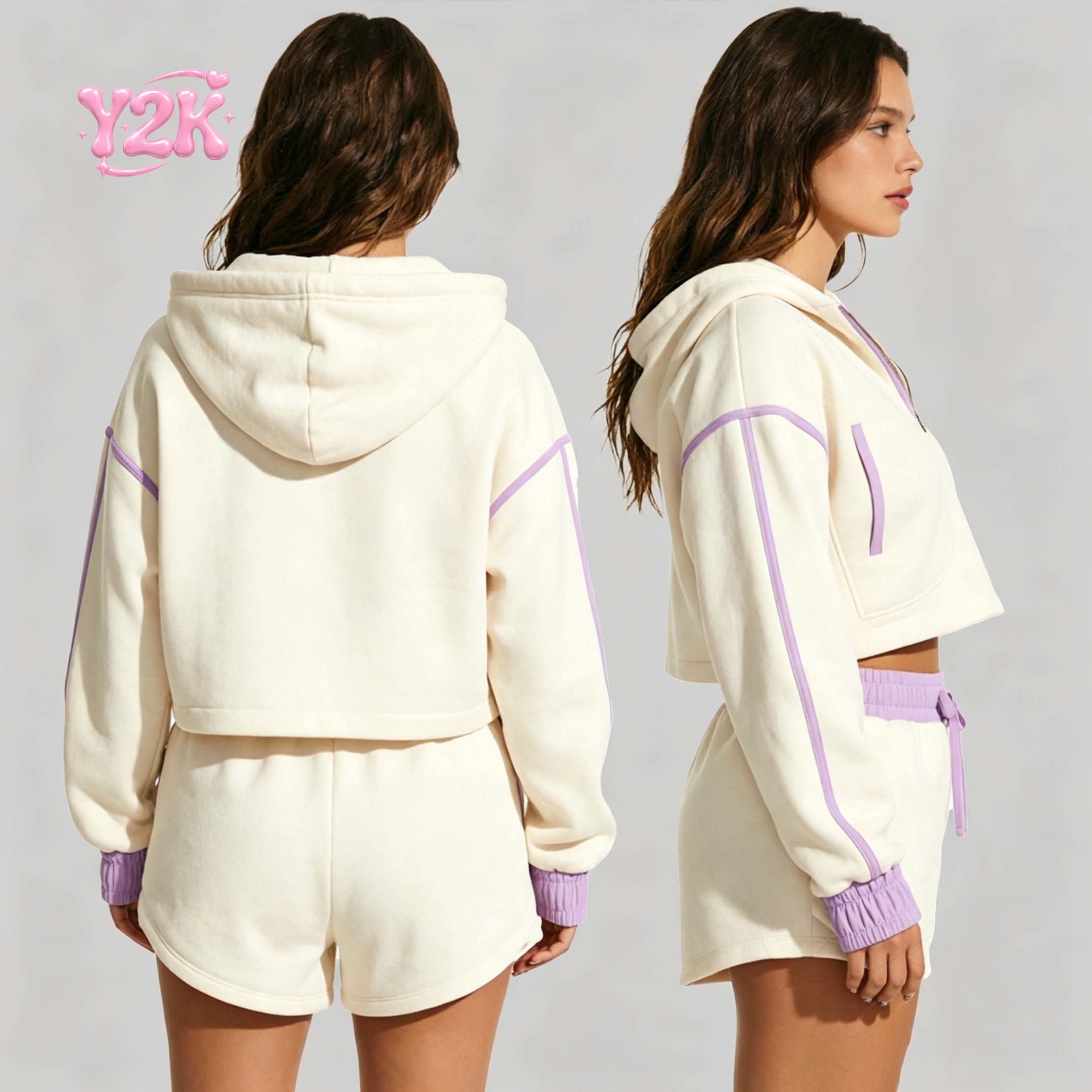 Custom Women's Quarter Zip Cropped Hoodie & Shorts 2pc Set