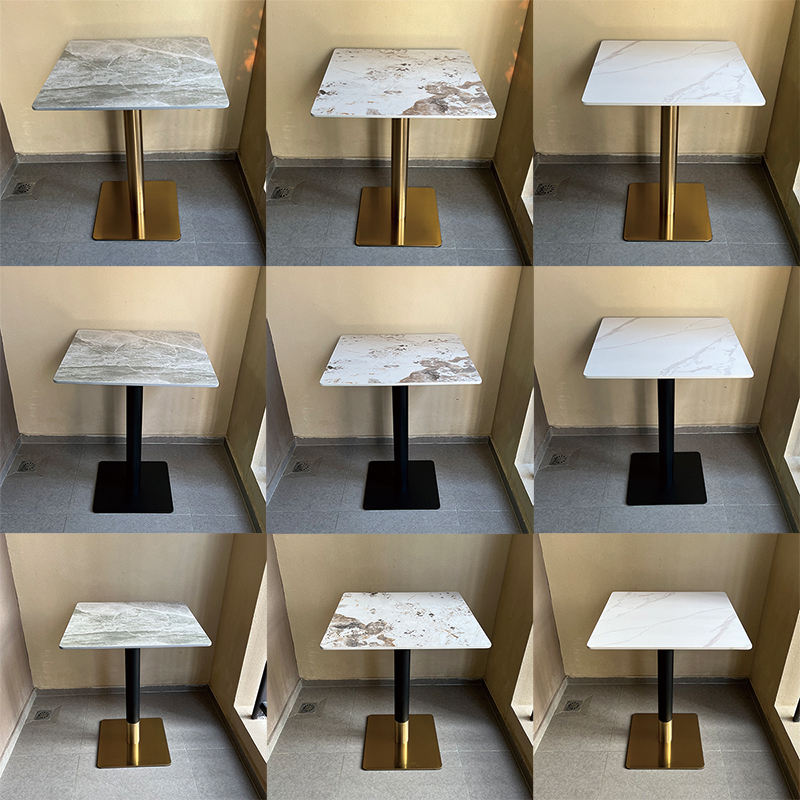 Luxury Restaurant Table with Artificial Marble Sintered Stone Top and Stainless Steel Frame with Gold-plated Edge