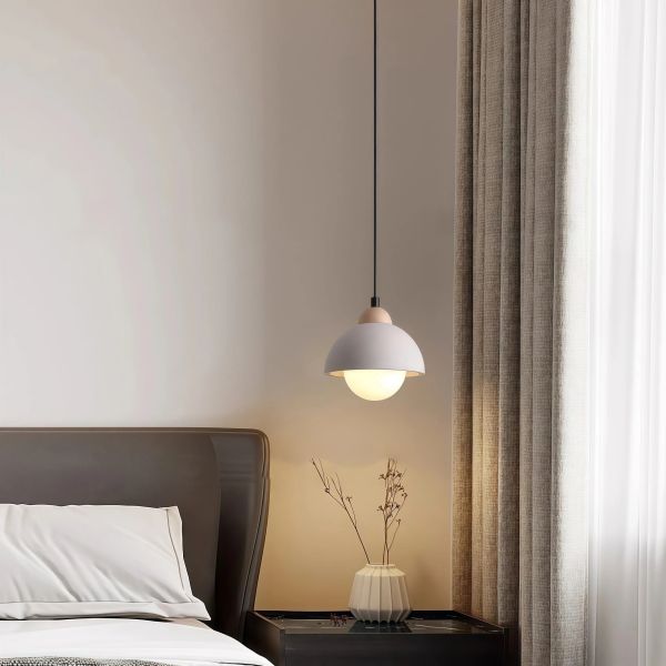 JYLIGHTING Nordic Cement & Wood Dome Pendant Light, Modern Half-Sphere Hanging Lamp with Frosted Glass Globe for Kitchen Island & Dining Room